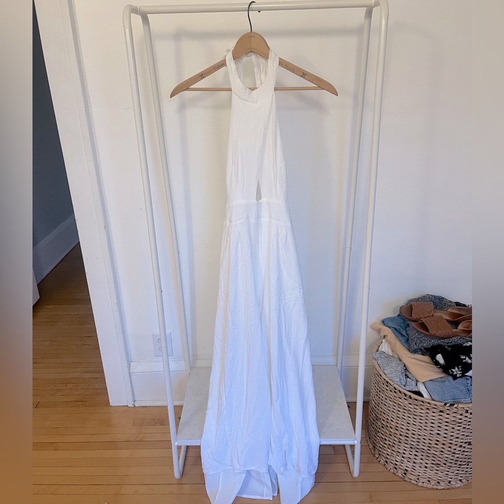 Lulu’s Mock Neck Tie Halter Backless Jumpsuit